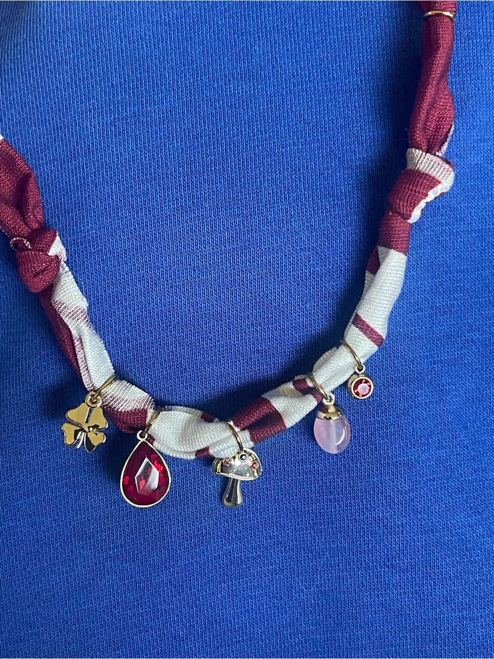 Red & White Charm Fabric Necklace with Gold Accents
